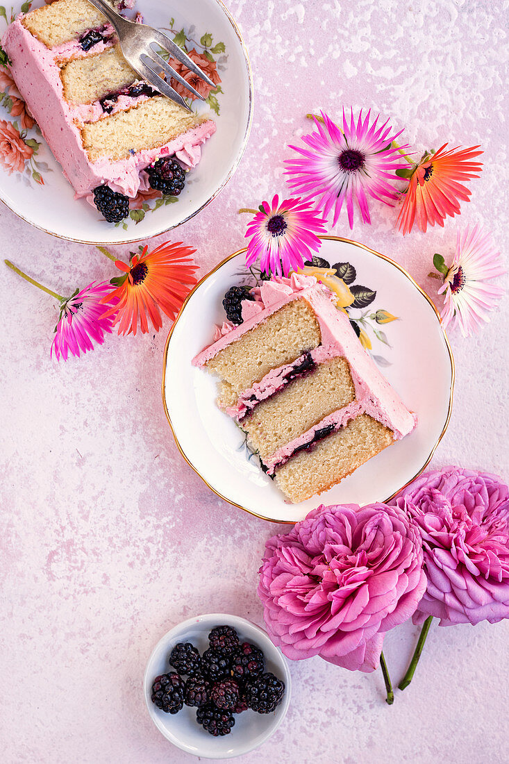 Vanilla layer cake with blackberry buttercream