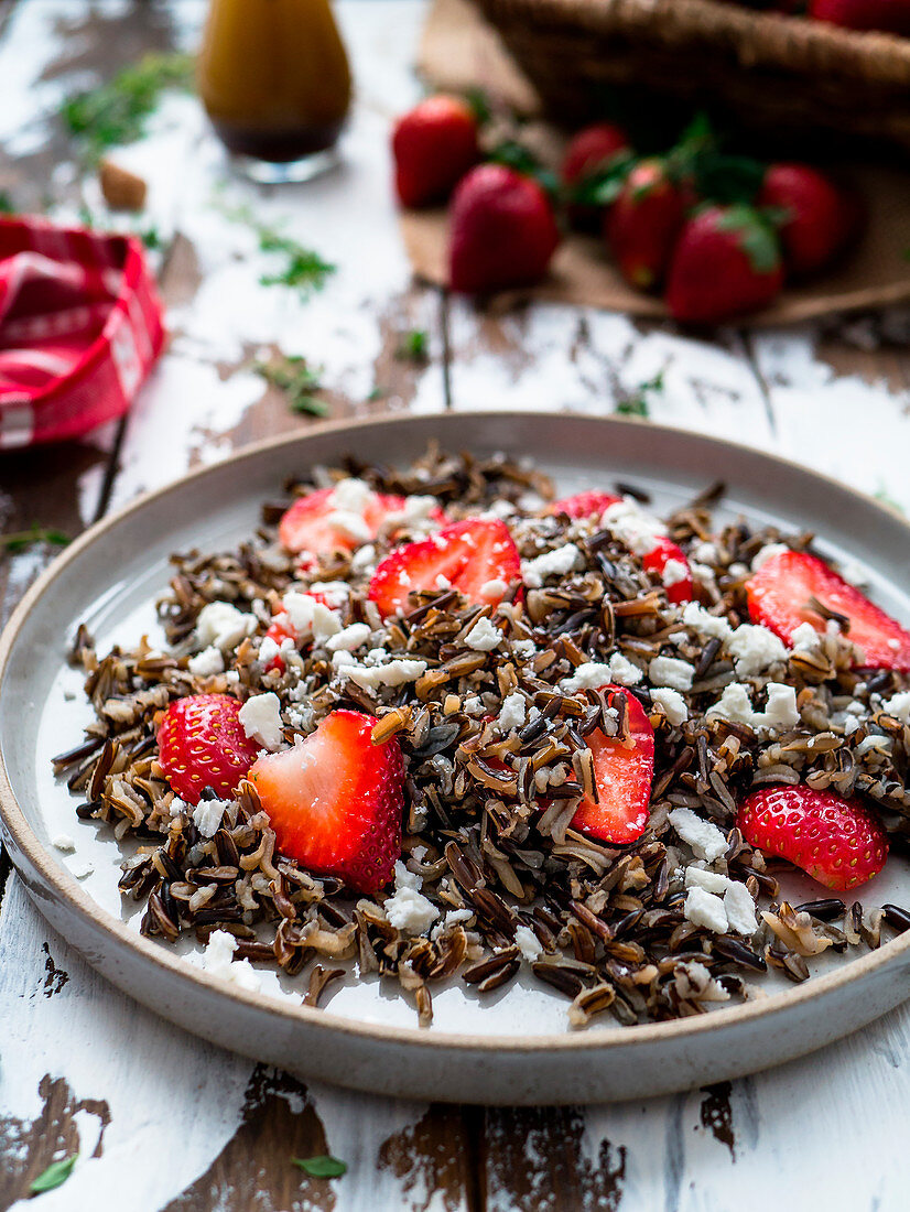 Wild rice salad with strawberries and feta cheese