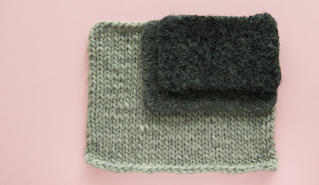 Felting stages of a piece of crochet