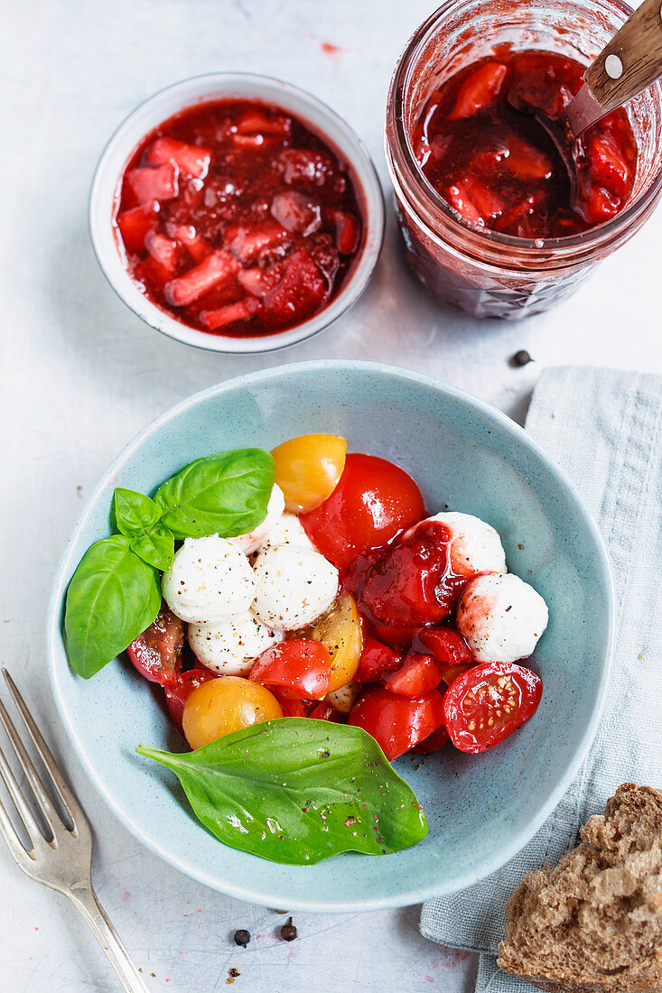 Mozzarella and cherry tomatoes with balsamic strawberries