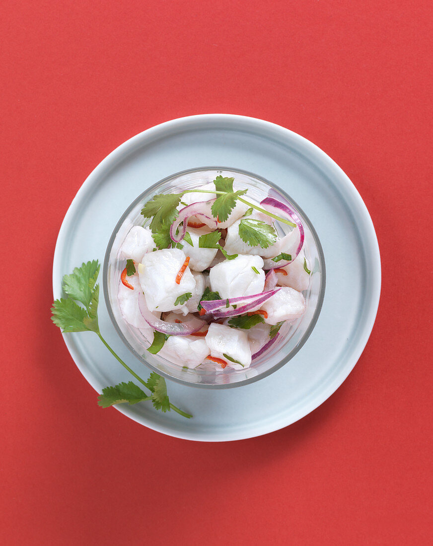 Cod ceviche with red onions and fresh coriander