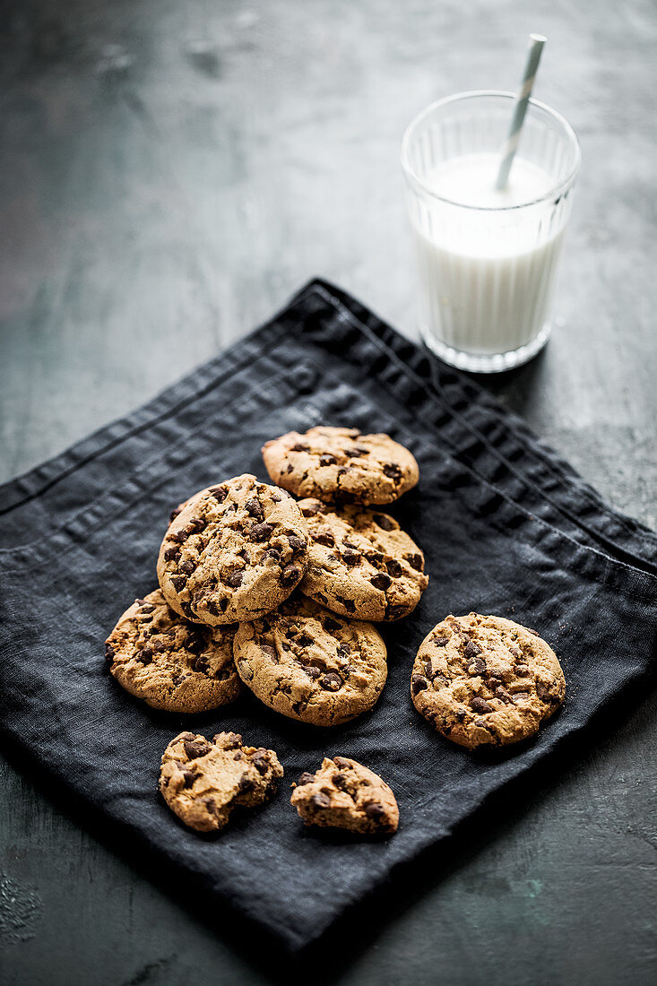 American chocolate chip cookies and milk