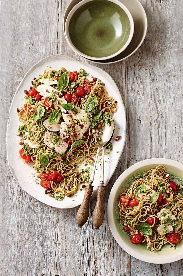 Spaghetti with chicken and almond broccoli pesto