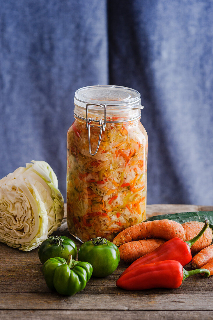 A jar of Pusztakraut (chopped pickled vegetables)