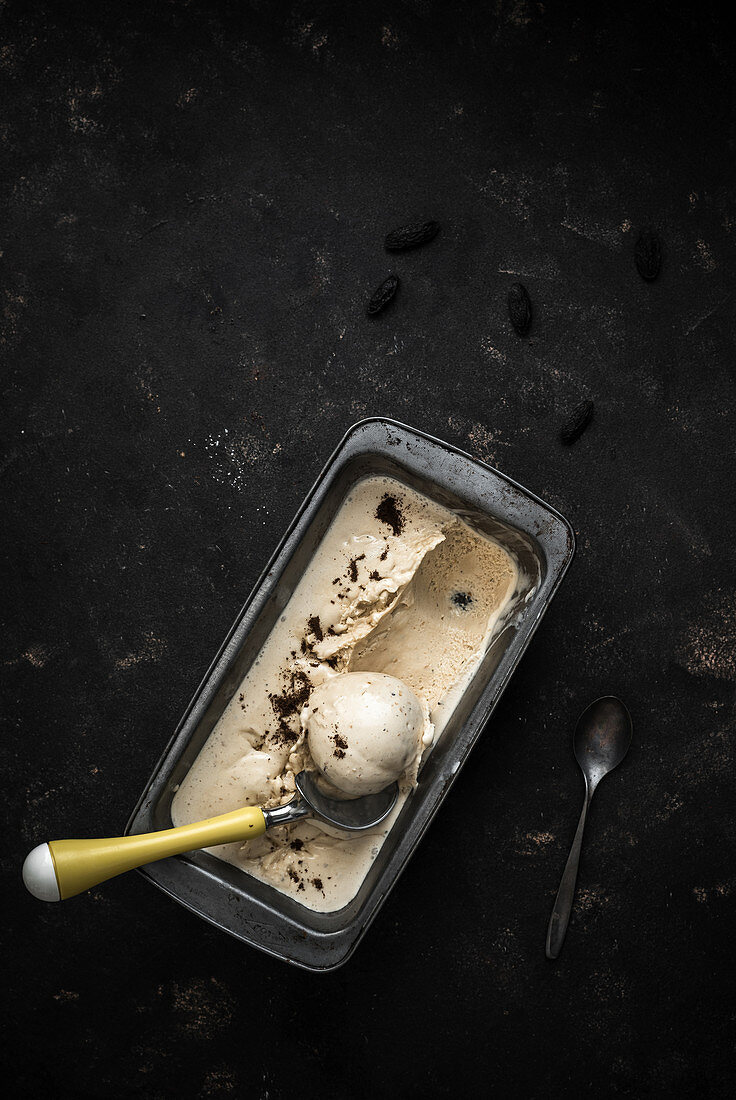 Tonka bean ice cream in an ice cream container with a scoop