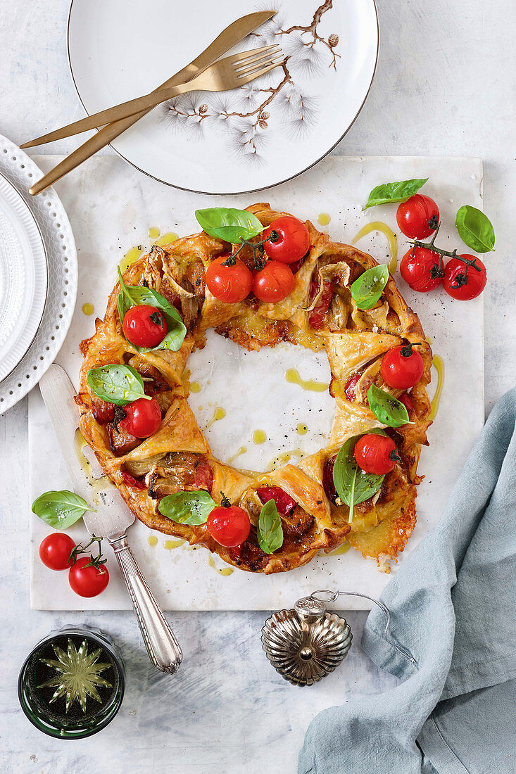 Roast vegetable and camebert pastry wreath