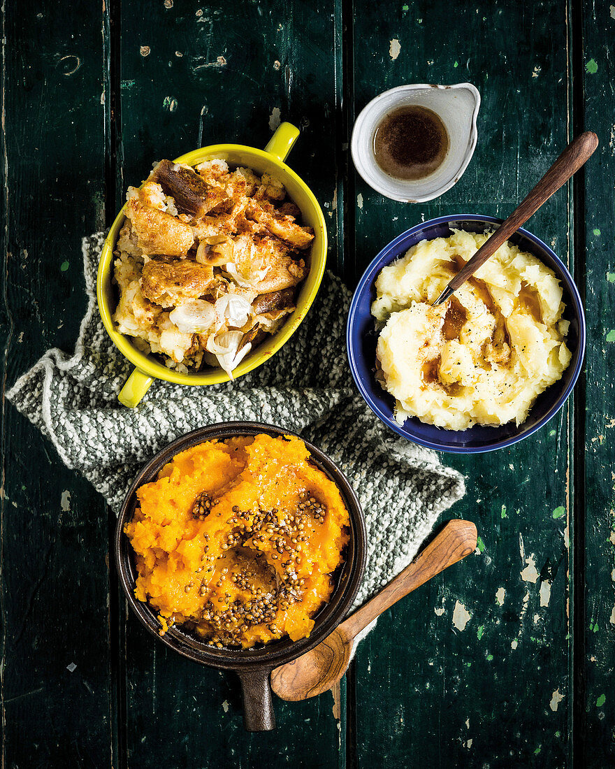 Smashed Spanish-style potatoes, Creamy parsnip and burnt butter mash, Coriander-carrot mash
