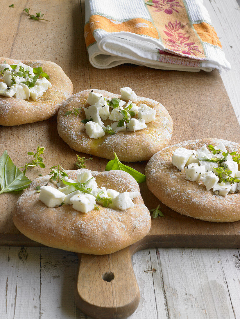 Focaccia with feta, basil and thyme