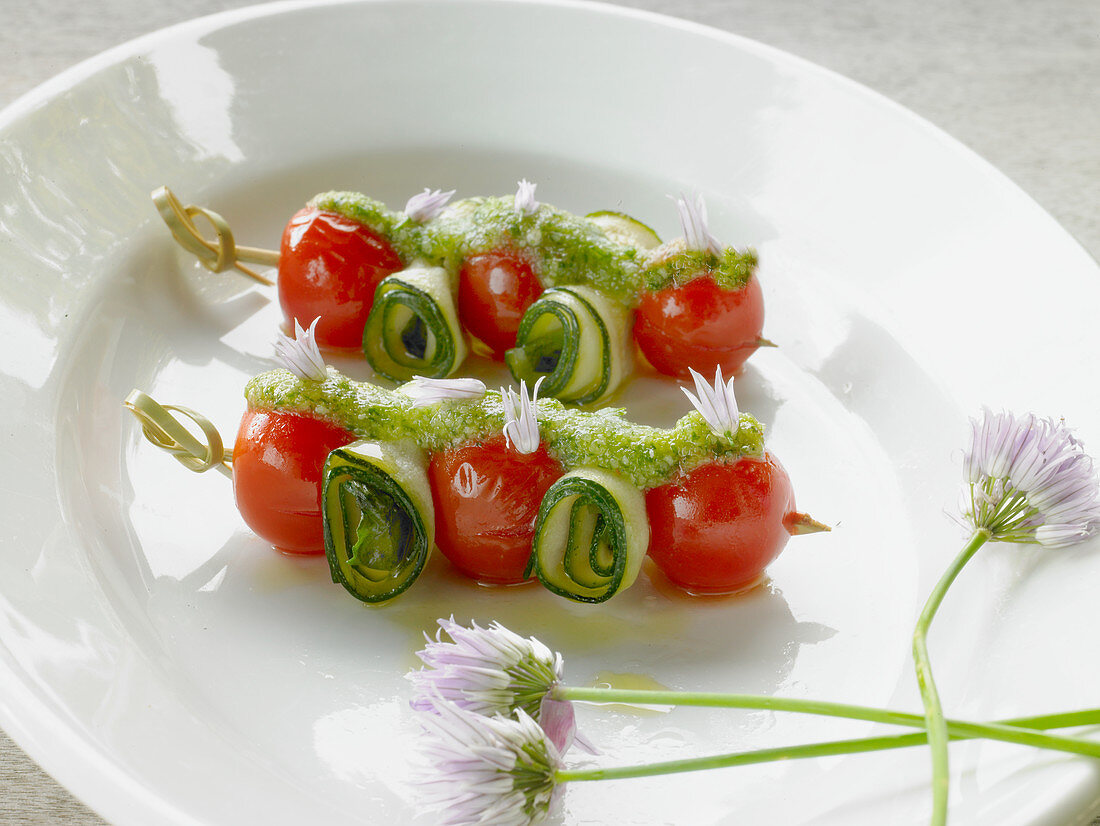 Cherry tomato and courgette kebabs