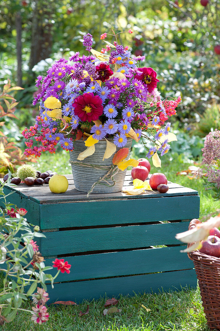 Autumn Bouquet With Asters, Zinnias And Fruit Stalks From The Pfaffenhütchen