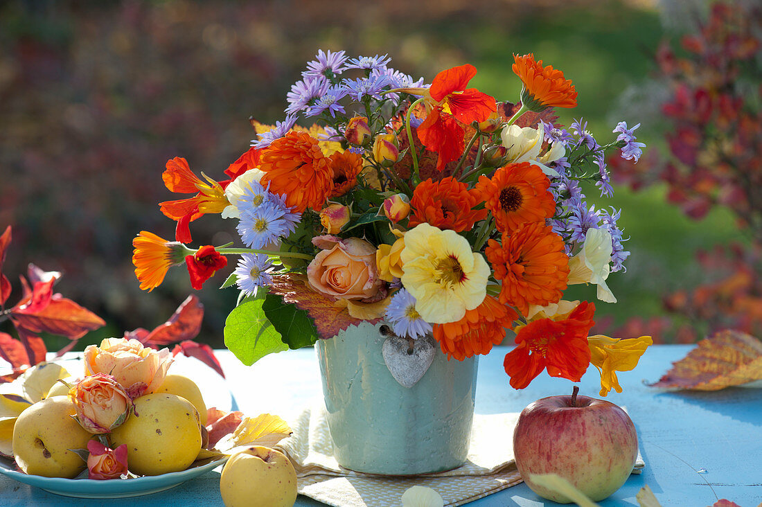 Colorful Autumn Bouquet With Marigolds, Nasturtium, Roses And Asters