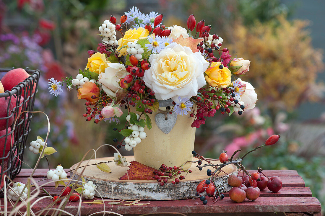 Autumn Bouquet With Roses, Rose Hips And Berries