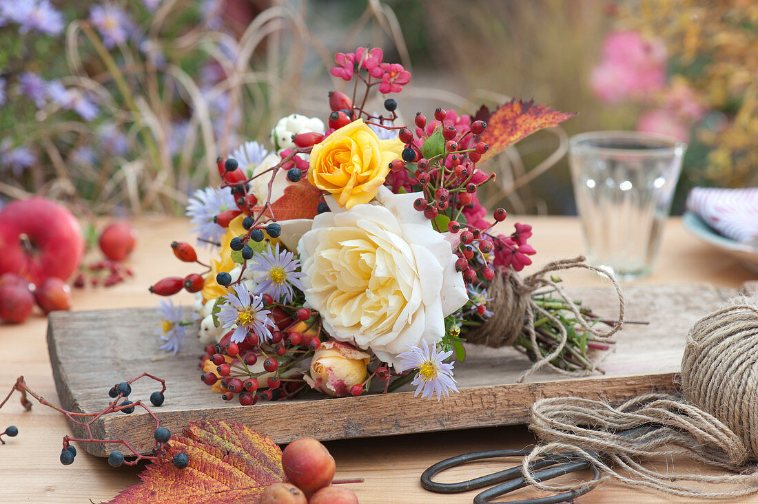 Autumn Bouquet With Roses, Rose Hips And Berries