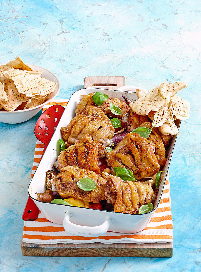 Middle eastern chicken tray bake with lebanese bread