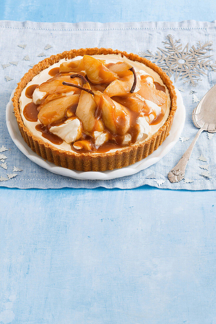 Gingernut cheesecake tart with sticky maple pears