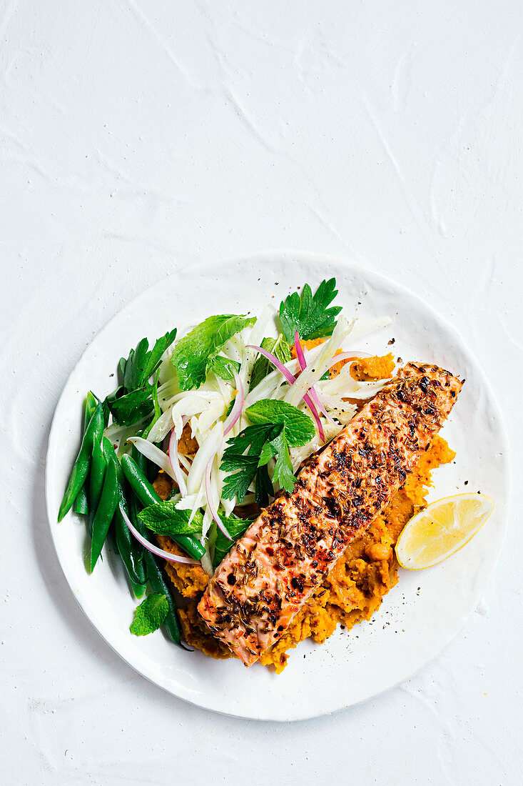 Spicey salmon with pumpkin and chickpea smash