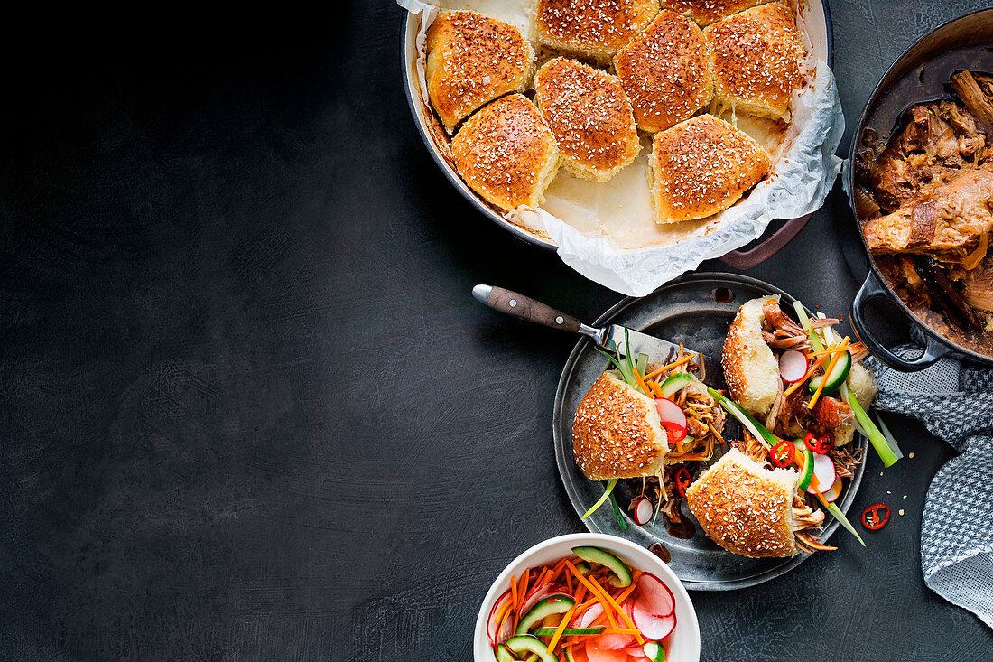 Honey pork with coconut buns and pickled vegetables