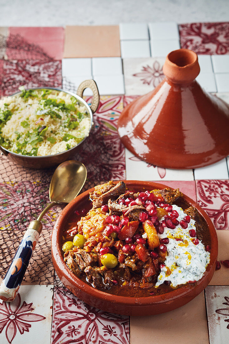 Lamb tagine with dill yoghurt and pomegranate