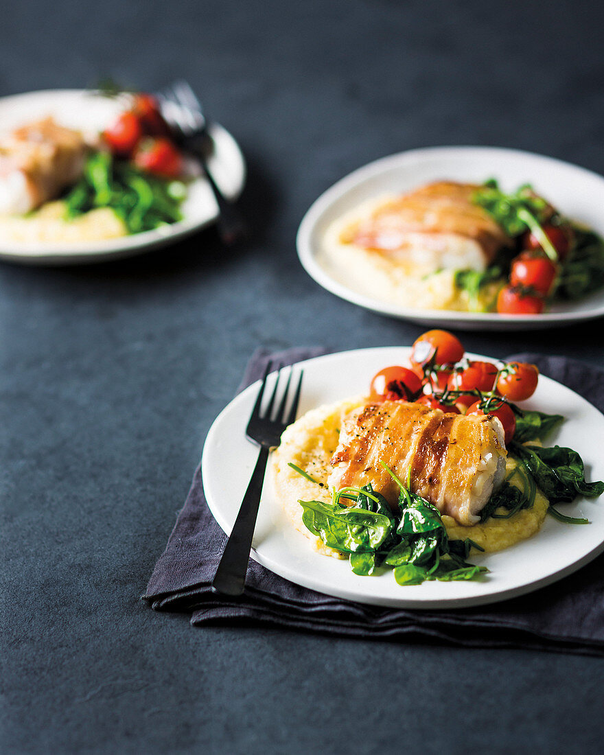 Bacon-wrapped hake parcels
