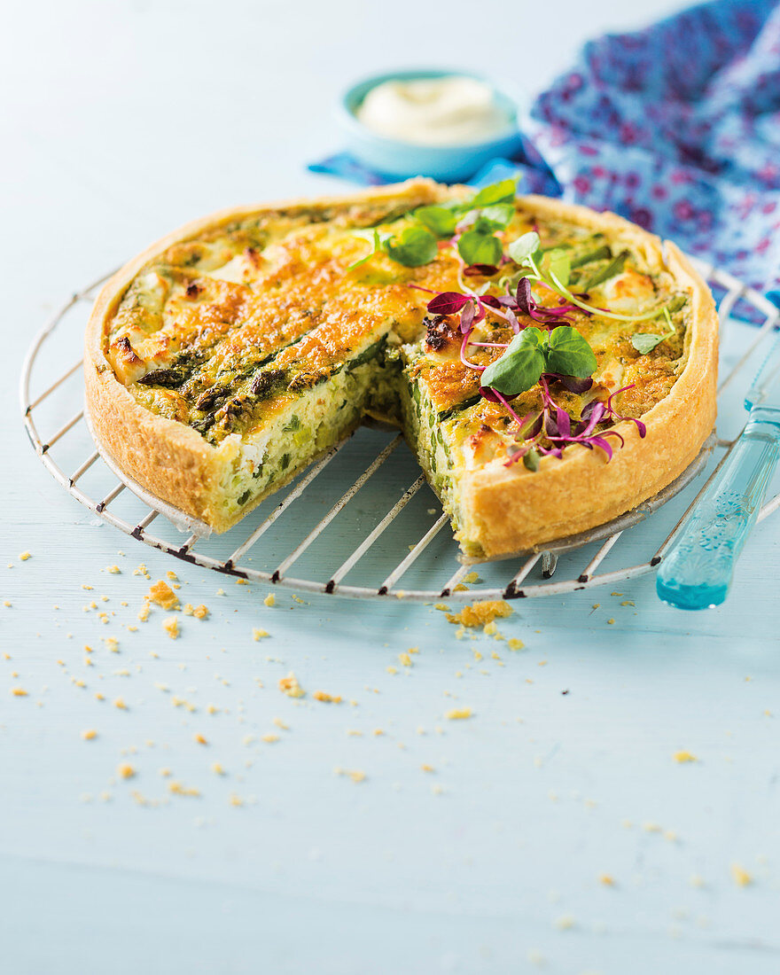 Green garlic and asparagus quiche