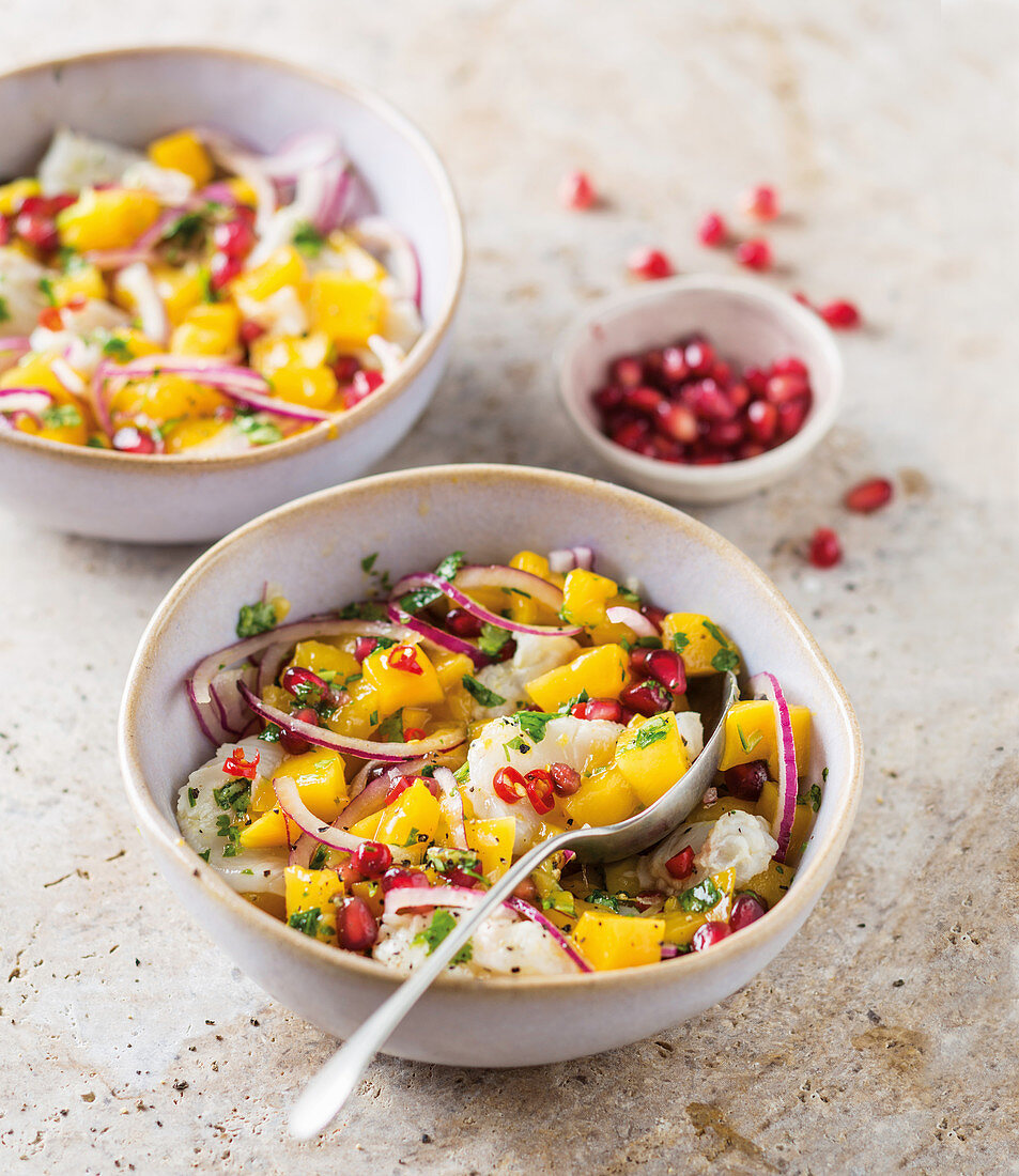 Hake mango ceviche with pomegranate