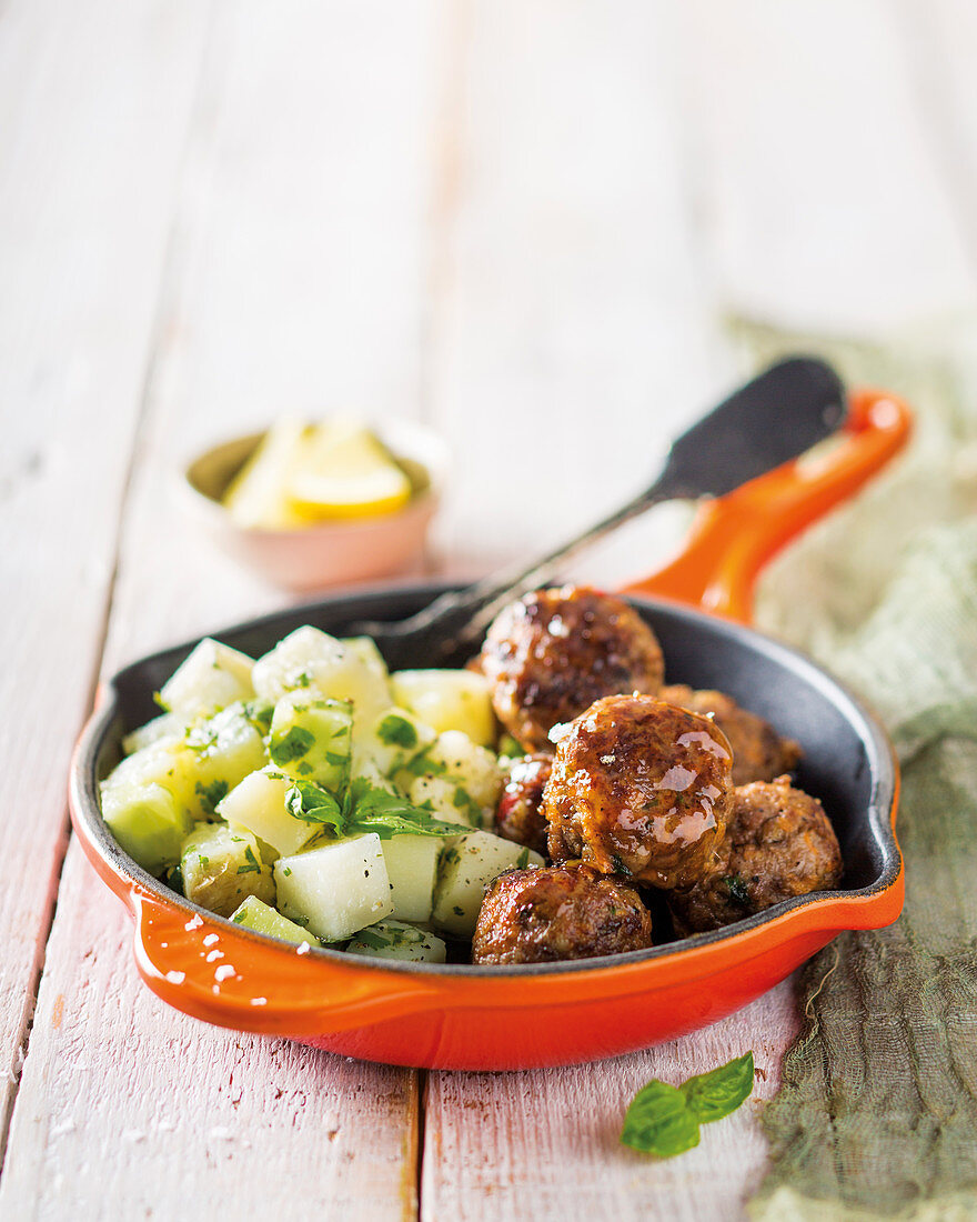 Boerie meatballs with potato salad