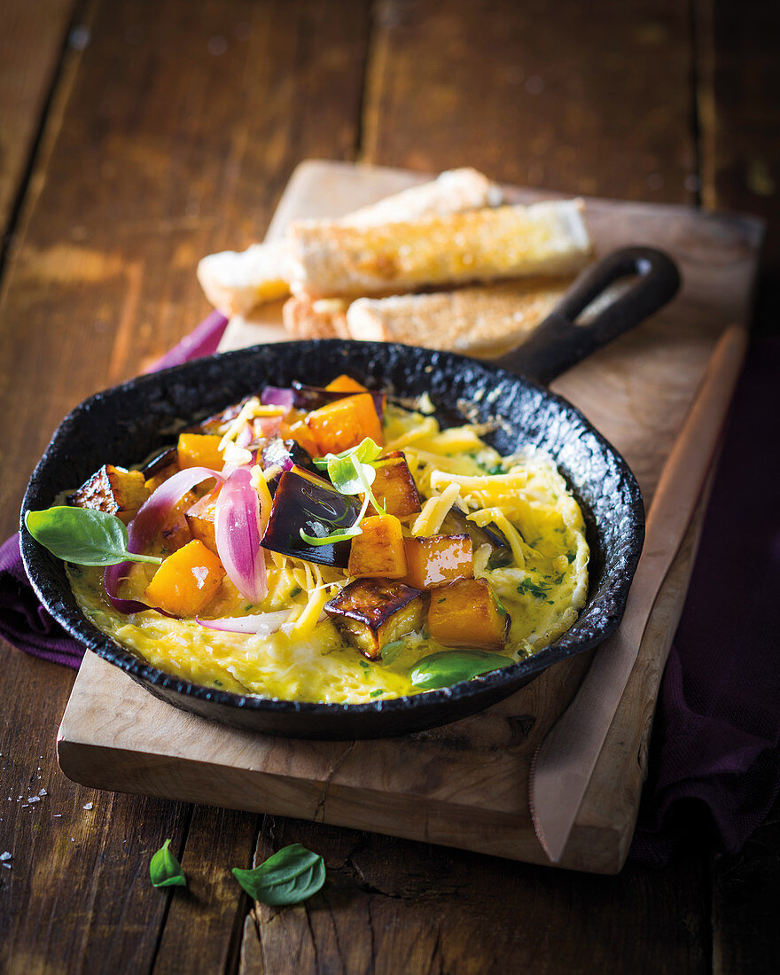 Cheese omelette with pan-roasted veggies