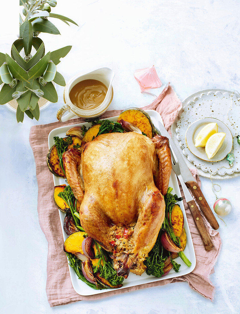 Sticky cola-glazed turkey with spicy capsicum and rice stuffing