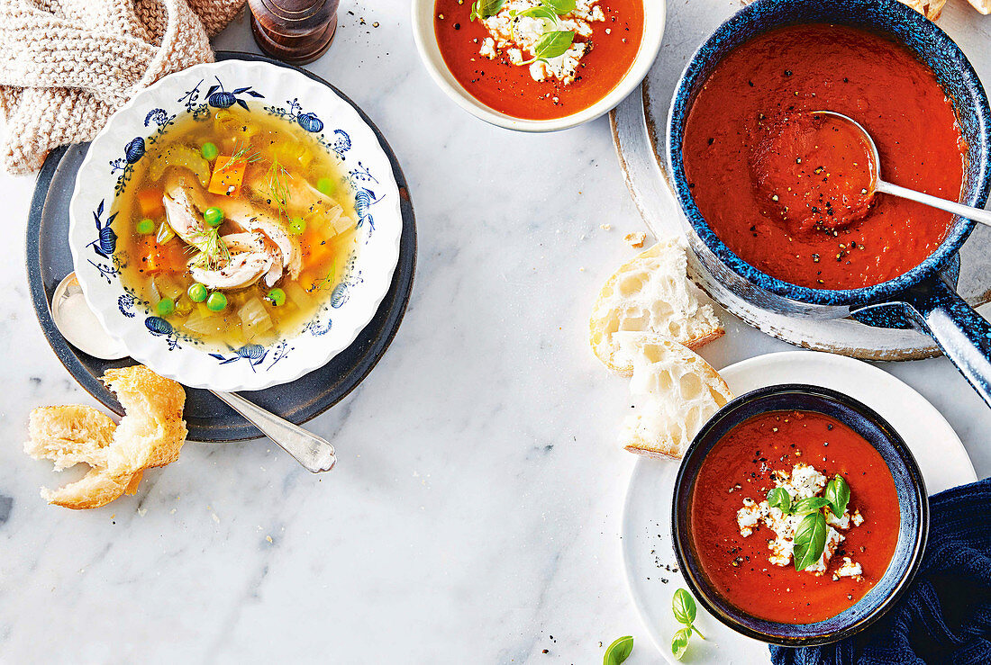 Slow-cooker french-style farmhouse chicken soup, Roasted tomato and capsicum soup