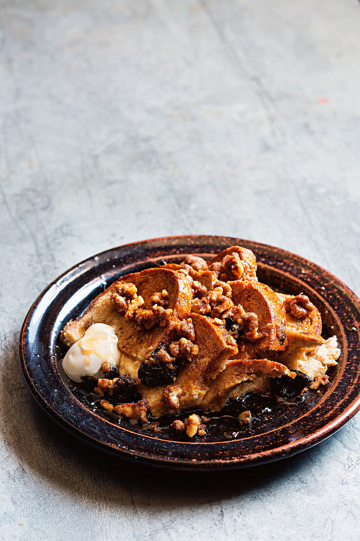 Maple bread and butter pudding with walnuts