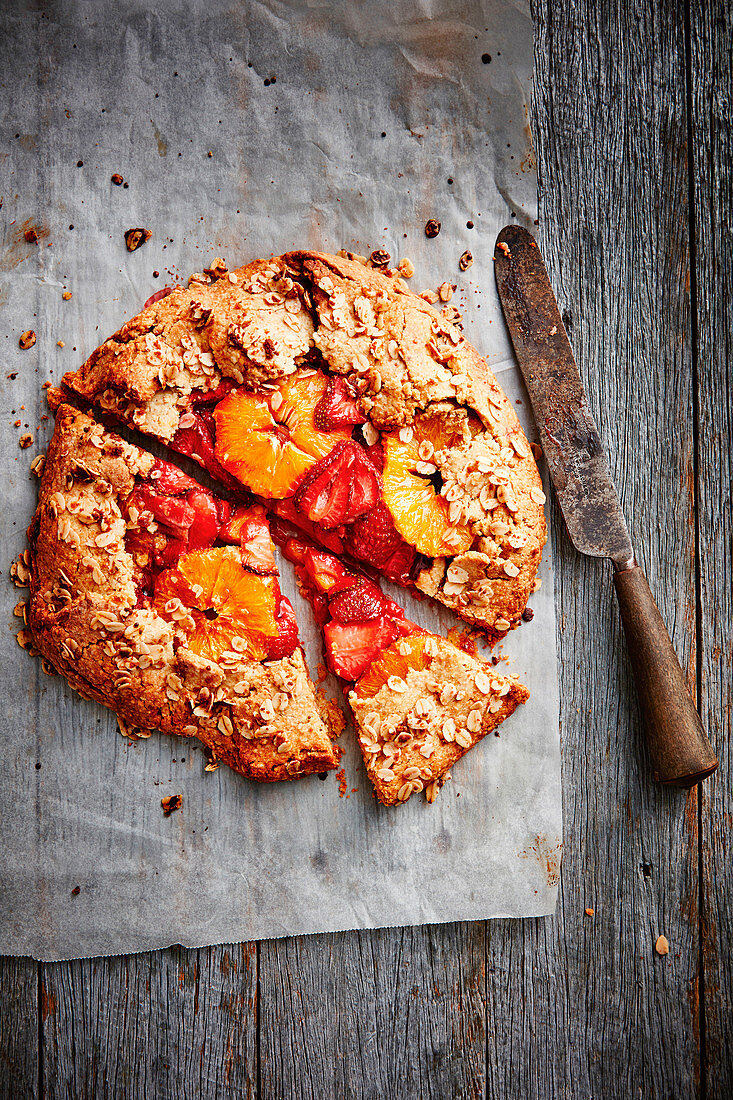 Strawberry and orange galette with oat pastry