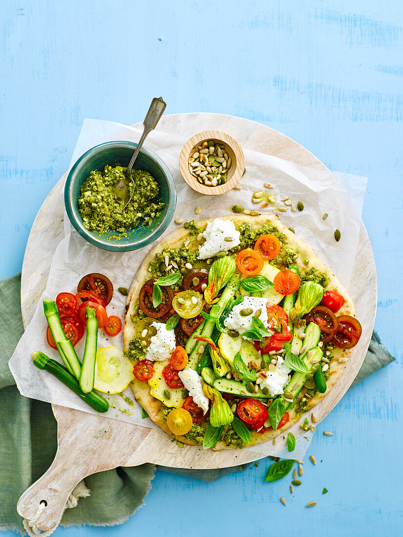 Heirloom tomato and squash pizzas