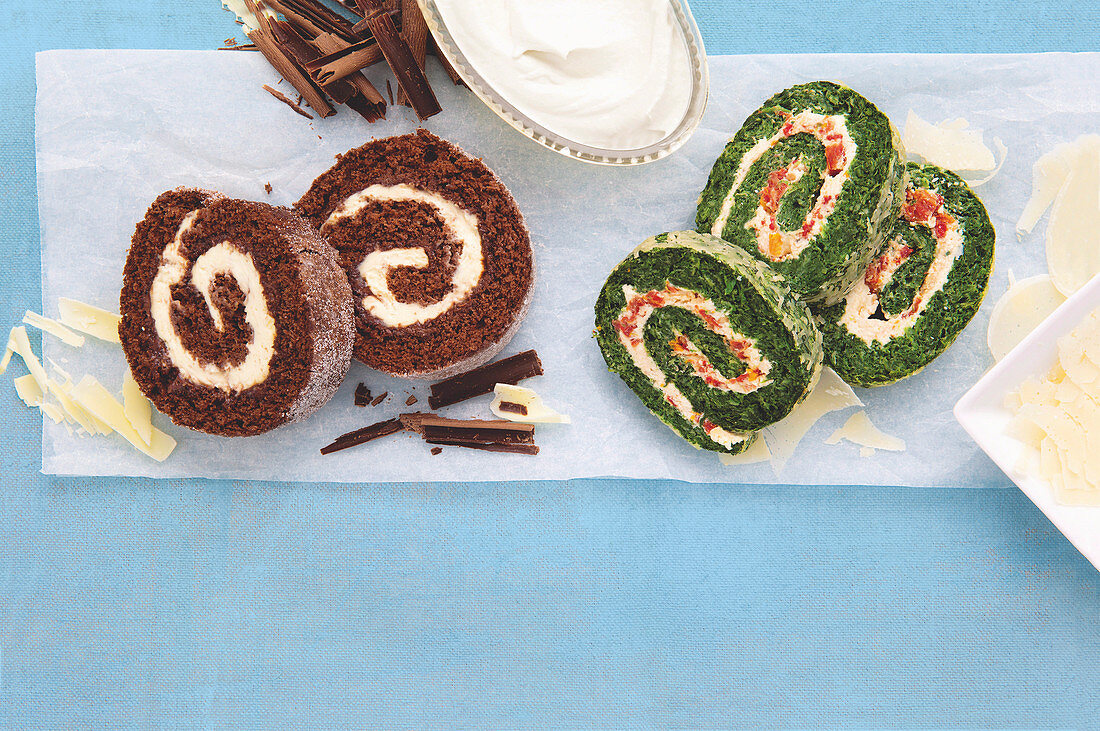 Triple chocolate swiss roll, Sun-dried tomato and spinach swiss roll