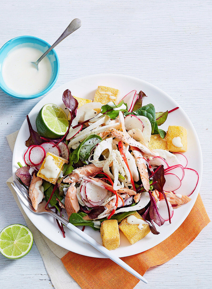 Crispy Polenta Salad with Smoked Trout