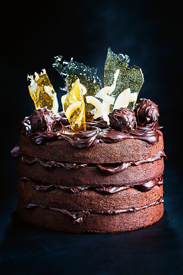 Chocolate cake with rum ganache and coconut caramel