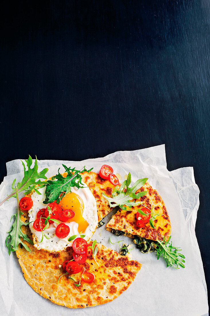Spicey kale, feta and fried egg quesadillas