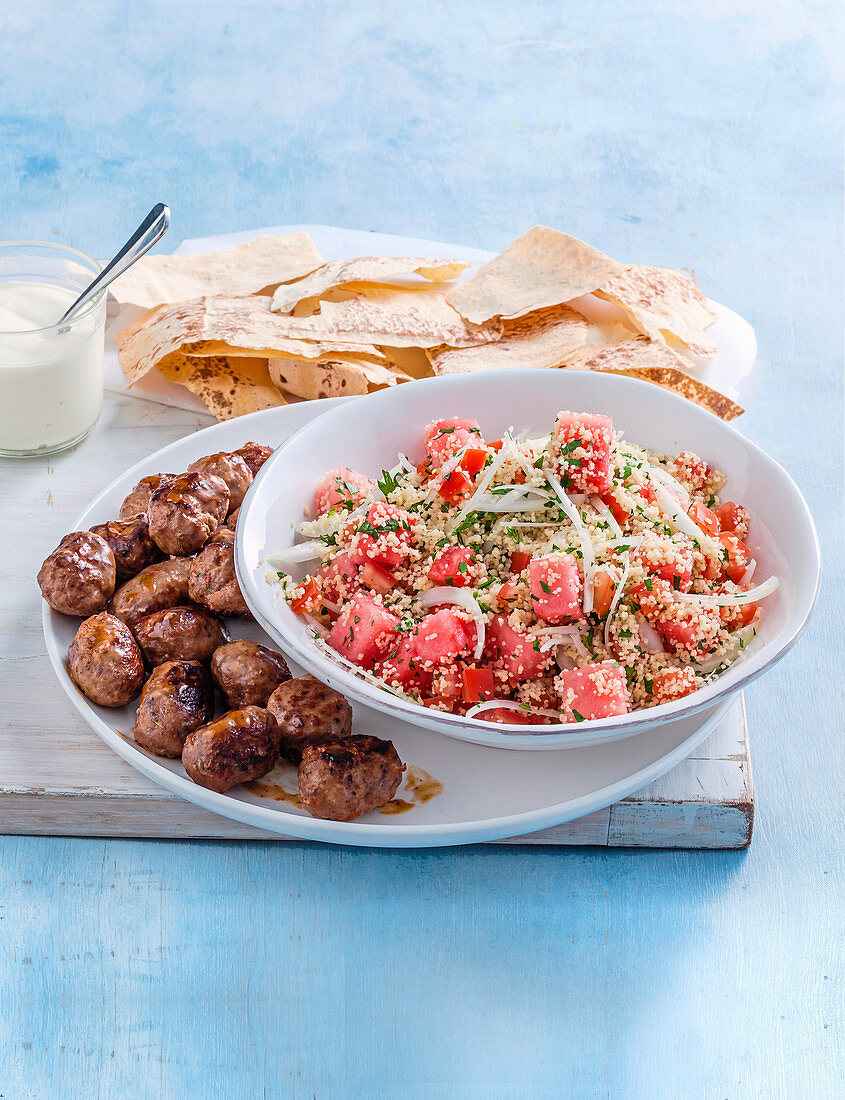 Beef meatballs with watermelon tabouli
