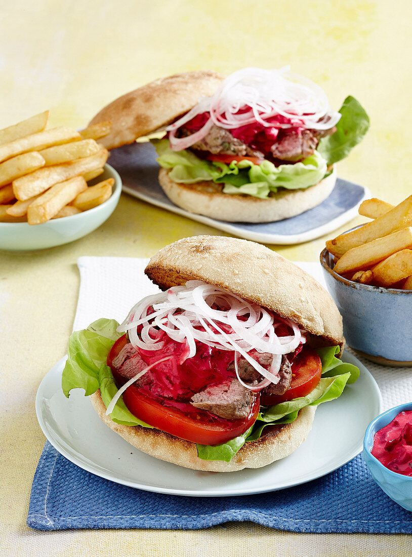 Lamb leg steak burgers with beetroot sauce