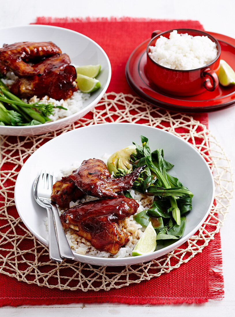 Sticky chicken wings with coconut rice