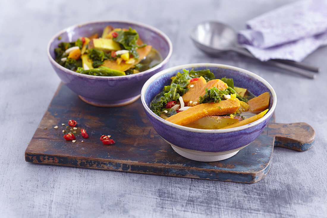 Sweet potato and kale curry with smoked tofu and chilli