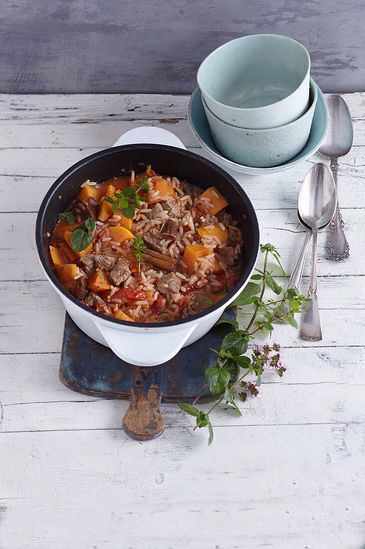 Sweet potato and lamb stew with rice and dates