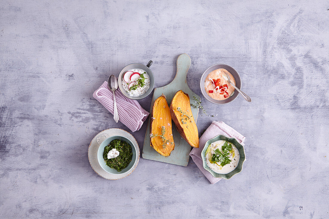 Oven-baked sweet potatoes with four dips