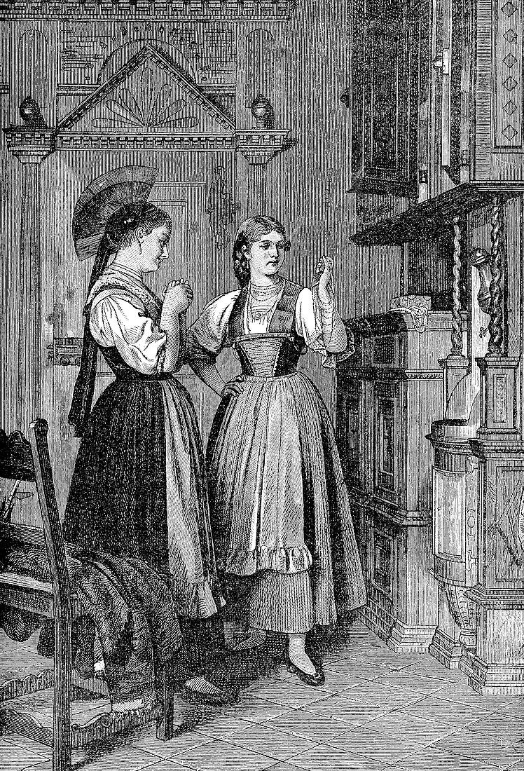 Young Swiss women, 19th Century illustration