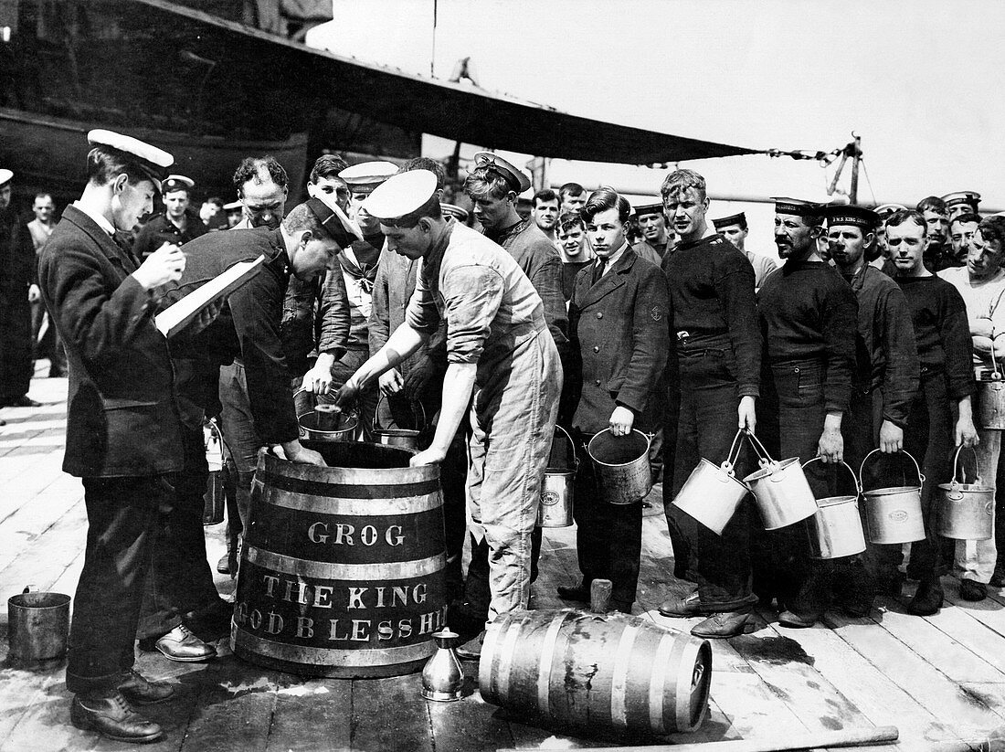 Grog being issued to British sailors, First World War