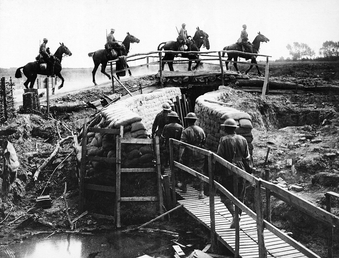 British cavalry crossing a trench, First World War
