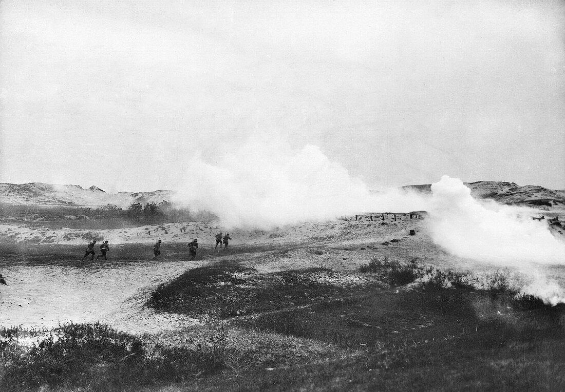Gas attack in sand dunes in Flanders, First World War