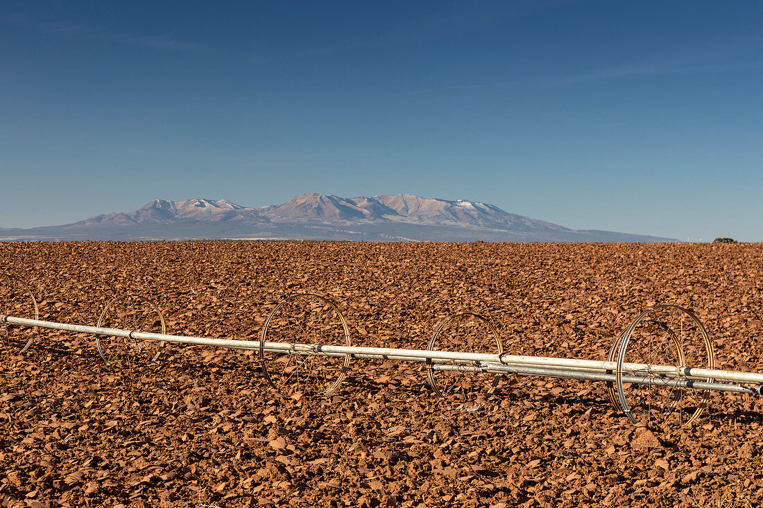 Farm irrigation system and Abajo Mountains, USA