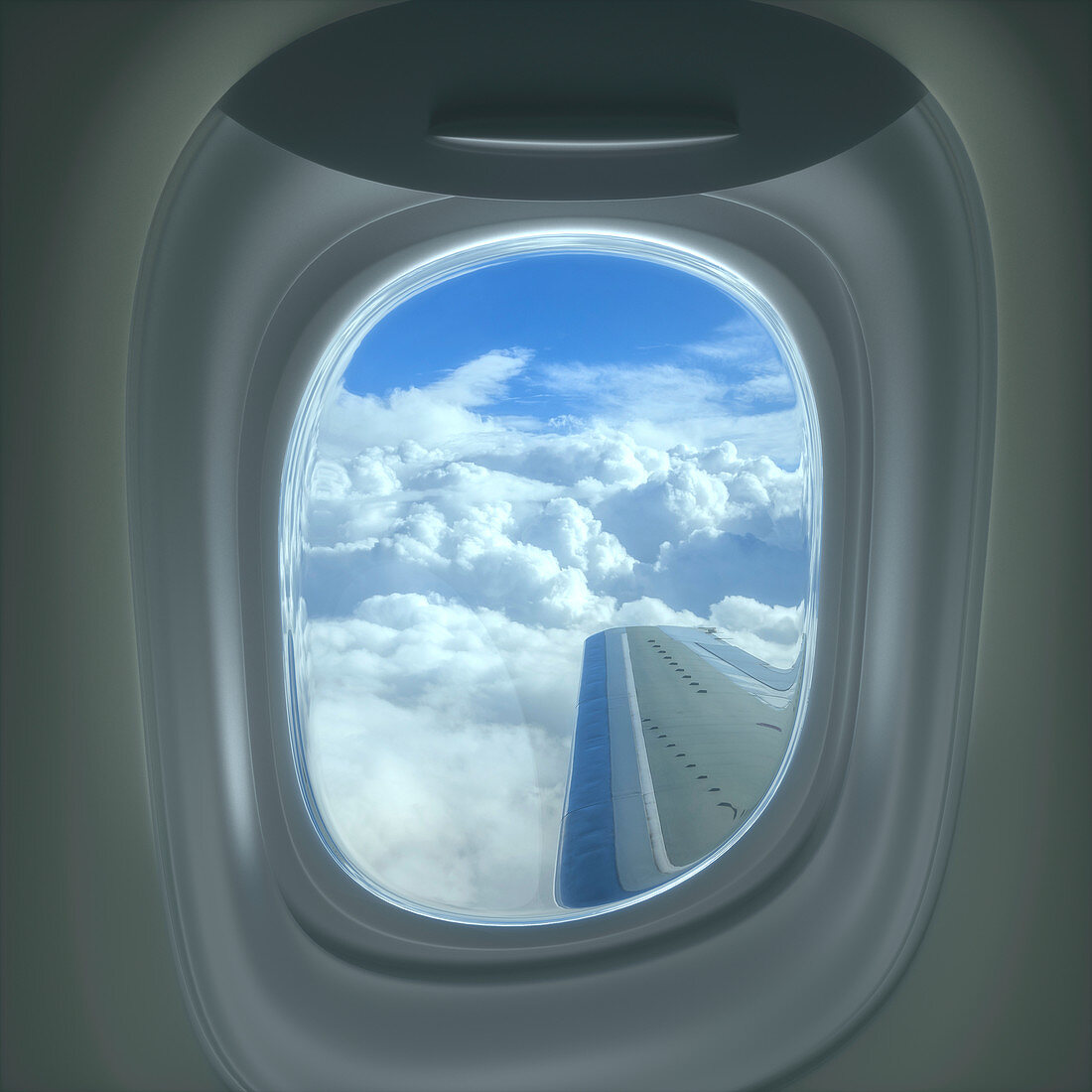 View of clouds through aeroplane window, illustration