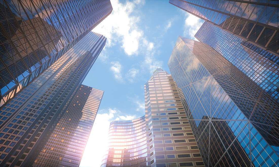 Low angle view of skyscrapers, illustration