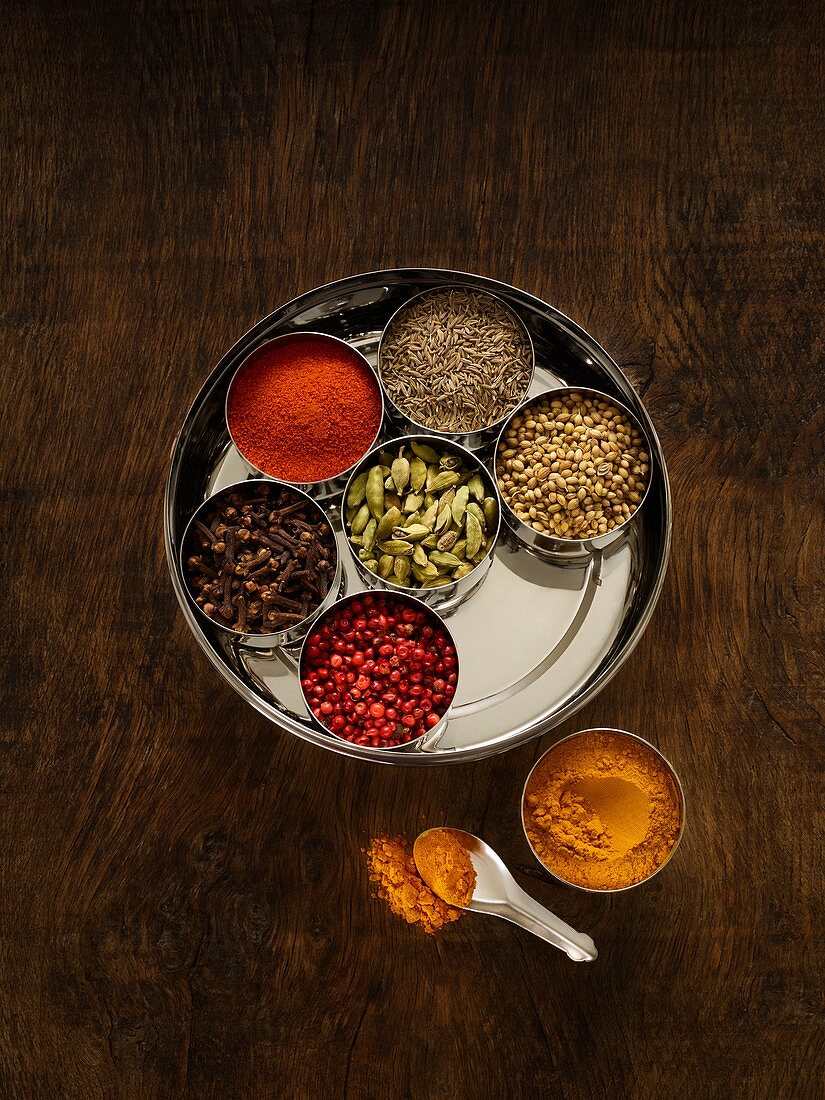 Selection of dried spices in dishes